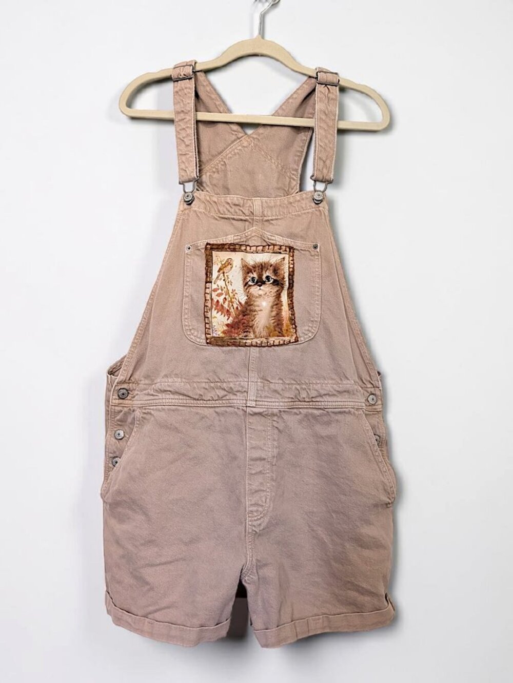 VTG 90s prairie fairy cottage kitten cat brown taupe denim overalls OS unisex - Picture 5 of 9